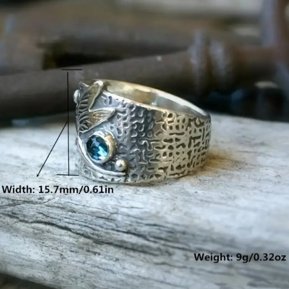 Dragonfly Boho Retro-style Wide Ring Inlaid with Synthetic Sea Blue Gemstone - Picture 3 of 9